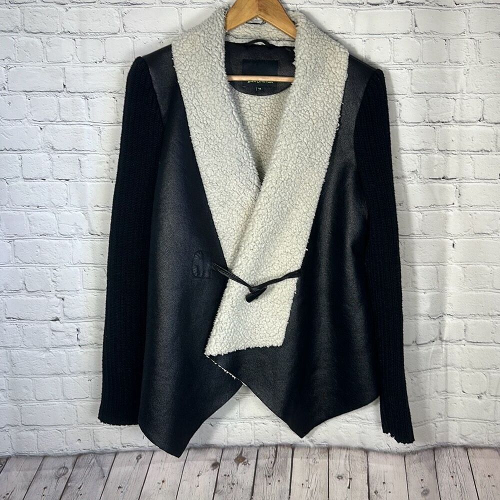 Sam Edelman Women's Black‎ Faux Leather Sherpa Lined Wrap Coat Jacket Medium